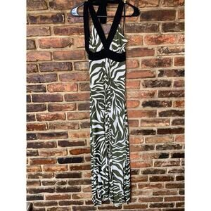 Azules Green White Zebra Print Black Halter Neck Midi Dress Women's Size Small